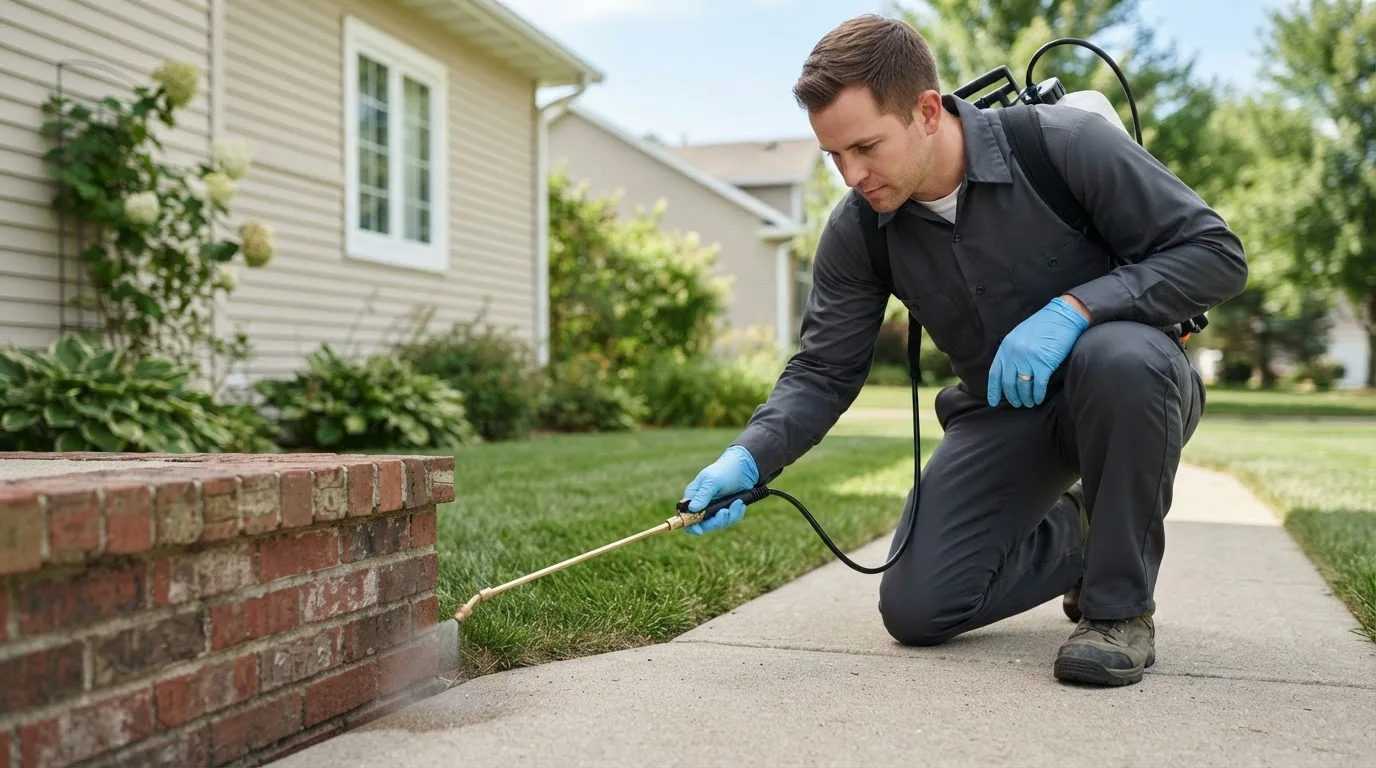 Pest control technician treating a home near High Bridge, WI